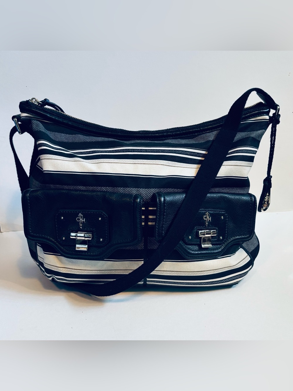 Cole Haan Striped Black and White Crossbody Canvas Leather Cargo Hobo Bag NWT